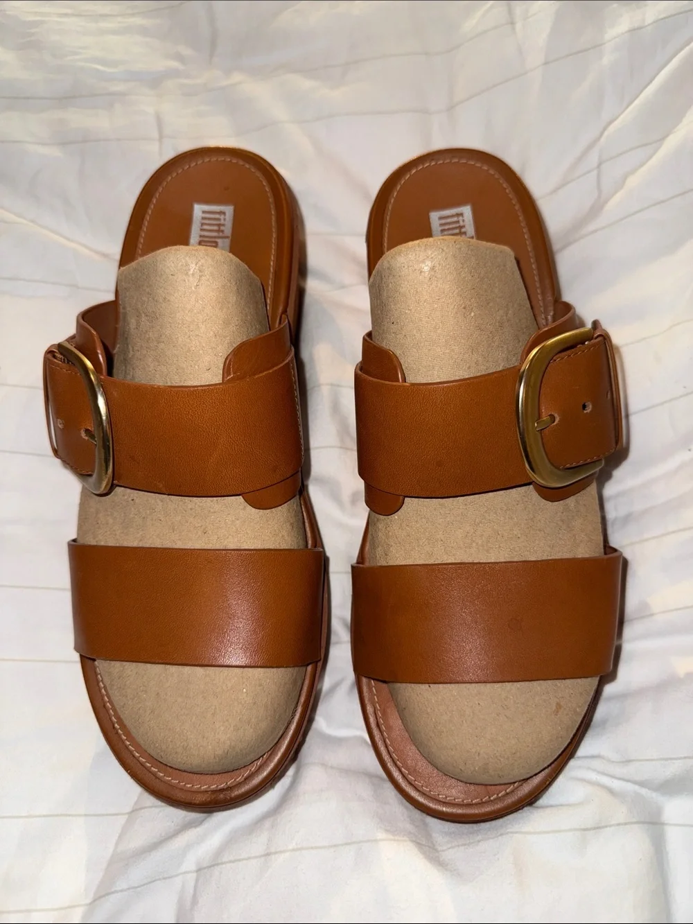 Fitflop Brown Platform Slide Sandals with Gold Buckle